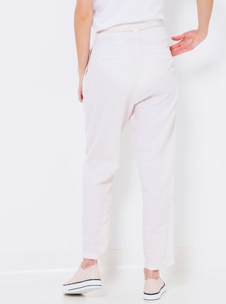 Růžovo-bílé dámské pruhované lněné kalhoty s vysokým pasem CAMAIEU
