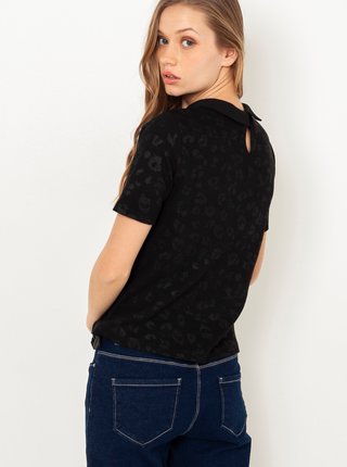 Černé tričko s levhartím vzorem a límečkem CAMAIEU