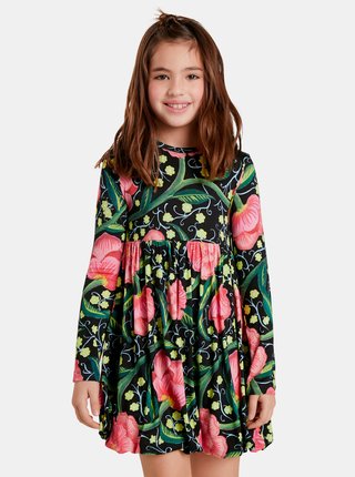 Ružovo-čierne dievčenské kvetované šaty Desigual Opala