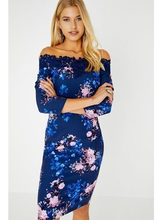 Tmavě modré bardotové květinové šaty LITTLE MISTRESS