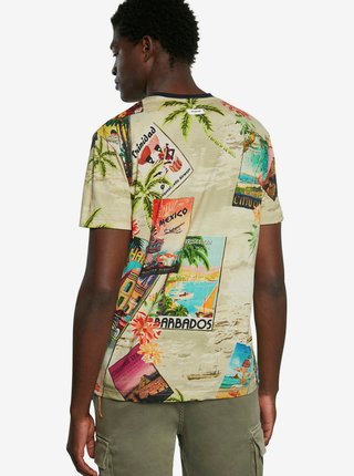 Béžové pánské tričko s barevným motivem Desigual TS Caton
