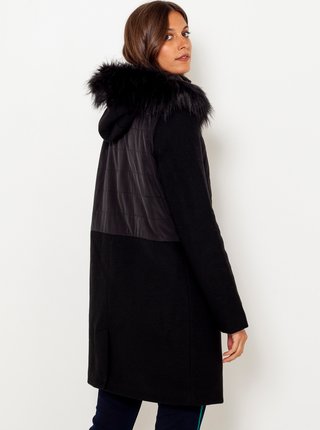 Čierna predĺžená bunda s kapucou a umelým kožúškom CAMAIEU