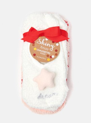 Sada dvou párů nízkých ponožek v růžové a bílé barvě s vánočním motivem CAMAIEU