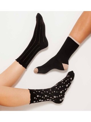 Sada troch párov čiernych vzorovaných ponožiek CAMAIEU