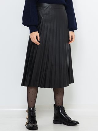 Černá plisovaná koženková midi sukně CAMAIEU