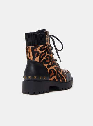 Hnedé dámske kožené členkové topánky s leopardím vzorom Desigual Biker Leopard
