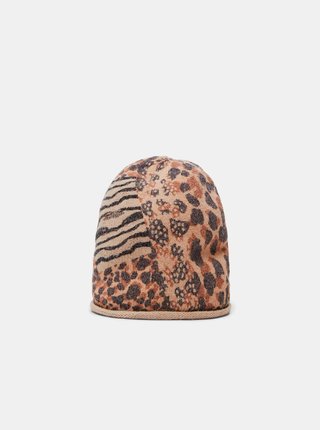 Hnědá dámská čepice s leopardím vzorem Desigual Animal Patch Gorro