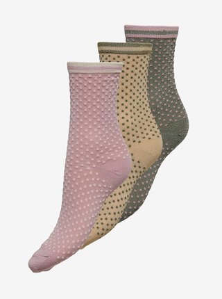 Sada tří párů puntíkovaných ponožek v růžové a zelené barvě ONLY Sara