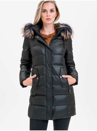 Černý dámský prošívaný kabát s pravou kožešinou KARA