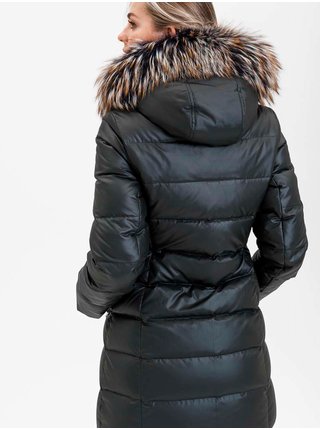 Černý dámský prošívaný kabát s pravou kožešinou KARA