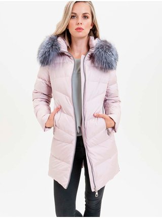 Světle růžový dámský kabát s pravou kožešinou KARA
