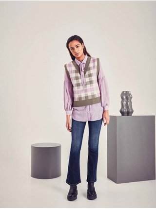 Fialovo-khaki dámská kostkovaná svetrová vesta ICHI
