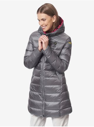 Růžovo-šedá dámská prošívaná prodloužená zimní bunda s kapucí Blauer