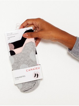 Sada tří párů puntíkovaných ponožek v černé, růžové a šedé barvě CAMAIEU 