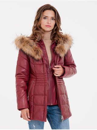 Červený dámský kožený kabát s pravou kožešinou KARA