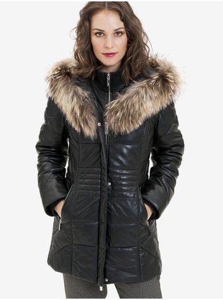 Černý dámský kožený kabát s pravou kožešinou KARA