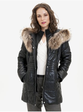 Černý dámský kožený kabát s pravou kožešinou KARA