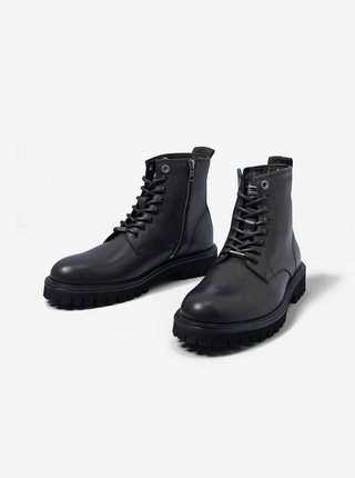 Černé pánské kožené kotníkové boty Pepe Jeans Trucker