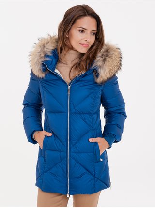 Modrá dámská prošívaná bunda s pravou kožešinou KARA