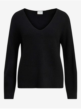 Černý dámský volný žebrovaný svetr s véčkovým výstřihem VILA Ril