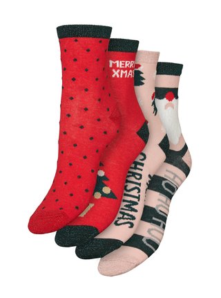 Sada čtyř párů vánočních ponožek  v červené a růžové barvě VERO MODA Snowflake