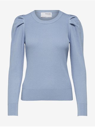 Svetlomodrý dámsky rebrovaný sveter s nariasenými rukávmi Selected Femme Isla