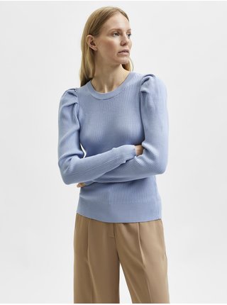 Svetlomodrý dámsky rebrovaný sveter s nariasenými rukávmi Selected Femme Isla