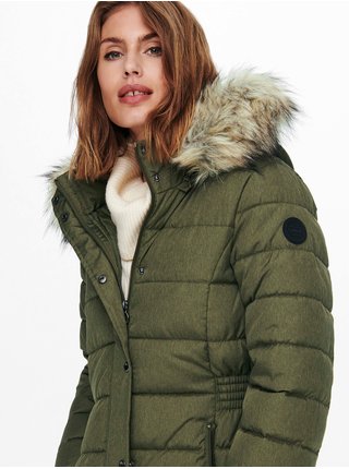 Khaki dámský prošívaný zimní kabát s kapucí a kožíškem ONLY Luna
