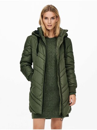 Zelený dámský prošívaný zimní kabát s kapucí Jacqueline de Yong Sky