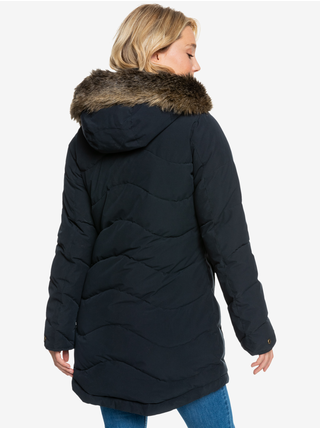 Černá dámská prodloužená prošívaná zimní bunda s kapucí a kožíškem Roxy Ellie