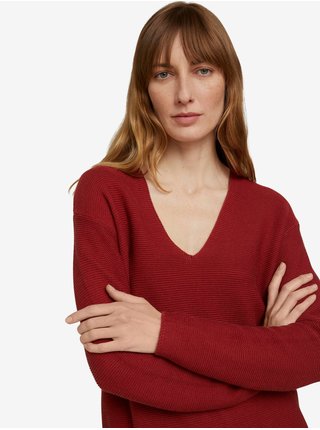 Červený dámský žebrovaný svetr s véčkovým výstřihem Tom Tailor