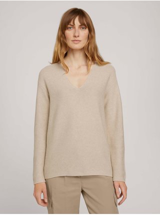 Béžový dámský žebrovaný svetr s véčkovým výstřihem Tom Tailor