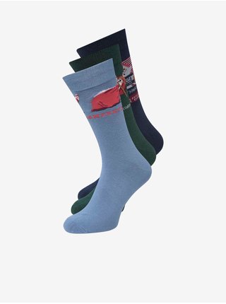 Sada tří párů pánských vánočních ponožek v modré, zelené a černé barvě Jack & Jones Santa Claus Sock