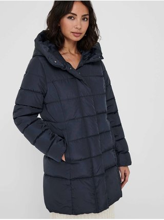 Tmavomodrý dámsky prešívaný zimný kabát s kapucou ONLY New Lina
