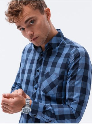 Modrá pánská kostkovaná košile s dlouhým rukávem Ombre Clothing 