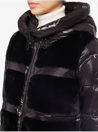 Čierna dámska prešívaná zimná bunda s rukavicami s umelým kožúškom Geox Rawelle