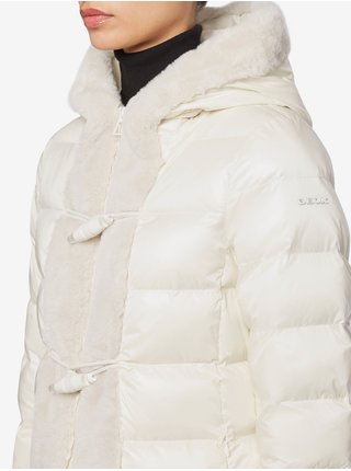Biela dámska prešívaná predĺžená zimná bunda s kapucou a umelým kožúškom Geox Rawelle