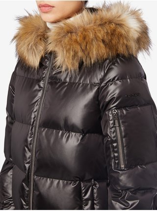 Čierna dámska prešívaná zimná bunda s kapucou a umelým kožúškom Geox Backsie