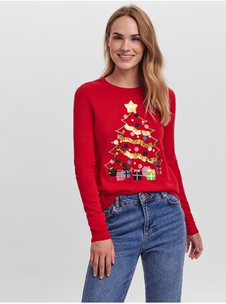 Červený dámsky vianočný sveter VERO MODA Christmas Tree
