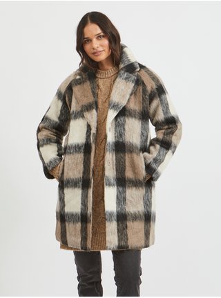 Béžovo-hnědý dámský kostkovaný zimní kabát VILA Ofelia