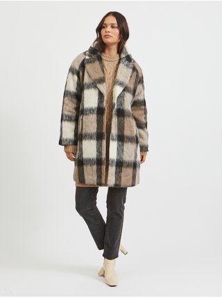 Béžovo-hnědý dámský kostkovaný zimní kabát VILA Ofelia