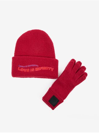Červený dámský set čepice a rukavic Desigual Happy Bag