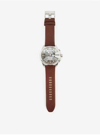Pánské hodinky s koženým páskem ve stříbrno-hnědé barvě Diesel