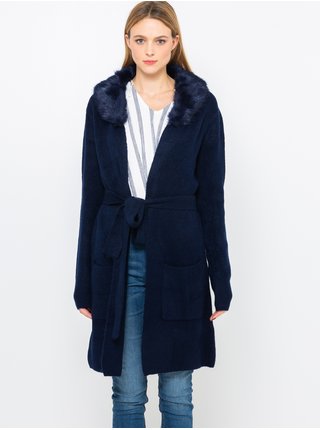 Tmavě modrý lehký kabát s umělým kožíškem CAMAIEU