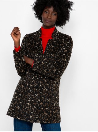 Hnědý krátký kabát s příměsí lnu s gepardím vzorem CAMAIEU