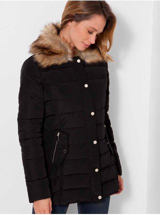 Čierna prešívaná zimná bunda s kožušinovým limcom CAMAIEU