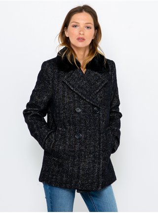 Černý krátký kabát s příměsí lnu s umělým kožíškem CAMAIEU