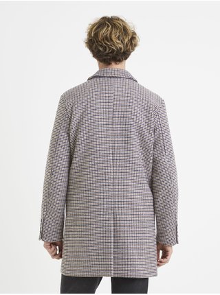Béžový pánský kostkovaný kabát s příměsí vlny Celio Vuleonard