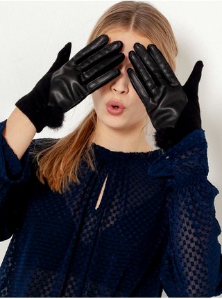 Černé vlněné rukavice s koženkovými detaily CAMAIEU