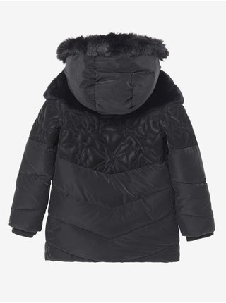 Čierna dievčenská vzorovaná zimná bunda s kapucou a umelým kožúškom Desigual Kids Exterior